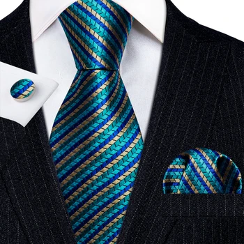 Набор дизайнерских шелковых мужских галстуков в зеленую, бирюзовую, золотую полоску, Синий, красный, фиолетовый Галстук, Карманный квадратный набор запонок, Свадебный Barry · Wang 6274