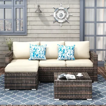 Наборы мебели для патио из 3 предметов, плетеный уличный секционный диван из смолы, набор для общения