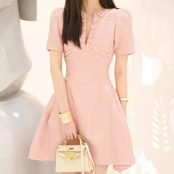 Нишевое женское вишнево-розовое платье с пайетками, платье трапециевидной формы, темперамент светской львицы 2022, Осеннее милое свежее платье