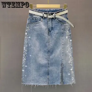 Новая женская джинсовая юбка средней длины с завышенной талией, прямая поставка с разрезом для сверления
