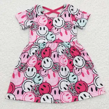 Новое обновление RTS NO MOQ, Летняя одежда для девочек с перекрестным вырезом и рисунком улыбки, детское платье с коротким рукавом