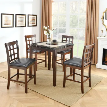 Обеденный стол из 5 предметов с высотой столешницы из искусственного мрамора и обеденный стул с искусственной обивкой для кухни, гостиной и столовой