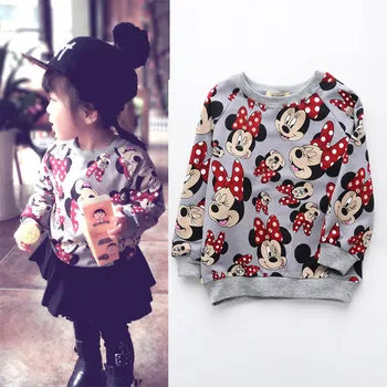 Одежда для маленьких мальчиков и девочек, осенний свитер с капюшоном, пуловер, Корейская версия, хлопковый топ с круглым вырезом и изображением Минни для детей