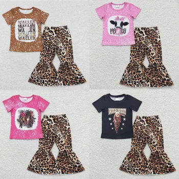 Оптовая продажа, Рубашка с короткими рукавами в стиле Вестерн для маленьких девочек, Леопардовый комплект, Расклешенные брюки с принтом Коровы для малышей, Весенне-осенний наряд