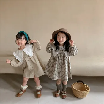 Осенняя одежда в корейском стиле Новая детская юбка Хлопковое модное клетчатое платье для маленьких девочек Платье с длинными рукавами для тонких девочек