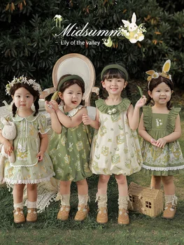 Пасторальное платье для девочек 2023, летний новый жилет с мультяшным воротником в виде лотоса, милый топ для малышей