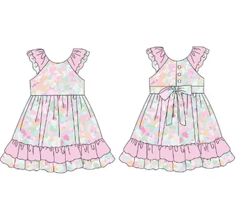 Платье с оборками и бантом с цветочным принтом, новинка 2023 года, комплект детской летней одежды, Детские костюмы для маленьких девочек