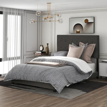 Полноразмерный каркас кровати с мягкой обивкой из льняного полотна, хохлатая платформа-кровать с ламельной опорой (серая) для легкой сборки в спальне