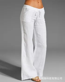 Простые повседневные расклешенные брюки с завязками, женские брюки с высокой талией, однотонные брюки длиной до пола, модные брюки