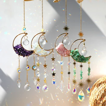 Разноцветные кристаллы, Ловец солнца, Ловец Луны с цепочкой, Подвесное украшение для окна, дома, сада, Рождественской вечеринки, свадебного украшения