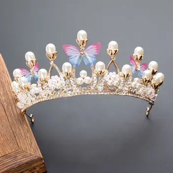 Романтическая корона принцессы в форме бабочки для девочек, тиара ручной работы со стразами, жемчужная повязка на голову для дня рождения, свадьбы, модельного подиума