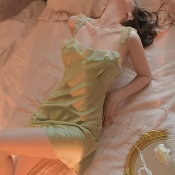 Сексуальная ночная рубашка на тонких бретельках с зелеными оборками и кружевом, женское летнее нижнее белье, мини-рубашка для сна с открытой спиной, пижама, Домашний халат
