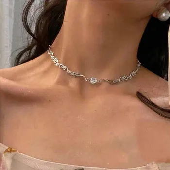 Серебряное цветное колье-чокер Irregualr для женщин, ожерелье с кристаллами Love Heart, цепочка для ключиц, ювелирные изделия оптом