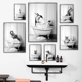 Скандинавские Забавные Животные Плакат для ванной Комнаты Черный Белый Тигр Пингвин Слон Декоративные картины Холст Настенные художественные картины Декор комнаты