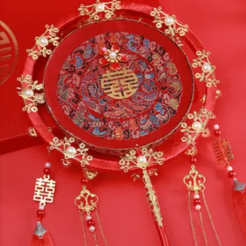 Старинные китайские свадебные круглые веера Праздничный яркий золотисто-красный веер невесты для свадебных вечеринок