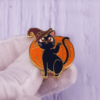 Тыквенный котенок, эмалированная булавка на лацкане, Черная кошка, шляпа ведьмы, Броши волшебника, значки, волшебный аксессуар для украшений на Хэллоуин.
