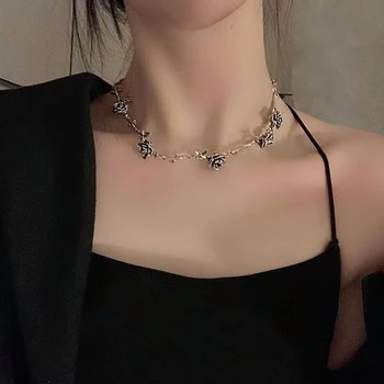 Французское винтажное ожерелье из черной камелии с подвесками из цветов Розы, ювелирные изделия, Колье-чокер на ключицу, Аксессуары для женской вечеринки