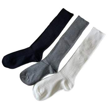 Хлопковые длинные носки в рубчик и полоску, однотонные повседневные носки до икр для женщин