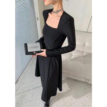 Черное женское платье с квадратным вырезом 2023, весенняя новинка, приталенная юбка трапециевидной формы средней длины на подкладке