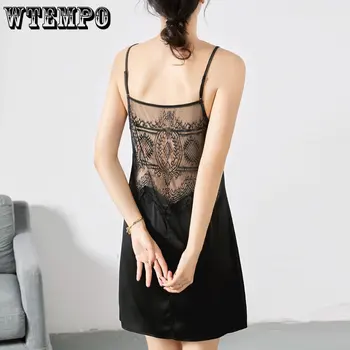 Черное платье, сексуальная кружевная атласная подкладка с подтяжками, нижняя юбка с V-образным вырезом, пижама средней длины, прямая поставка